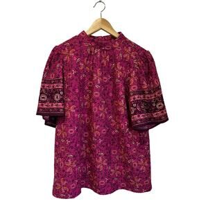 LOFT Floral Print Puff Sleeve Blouse Boho Chic Pink Purple Top Size Large
